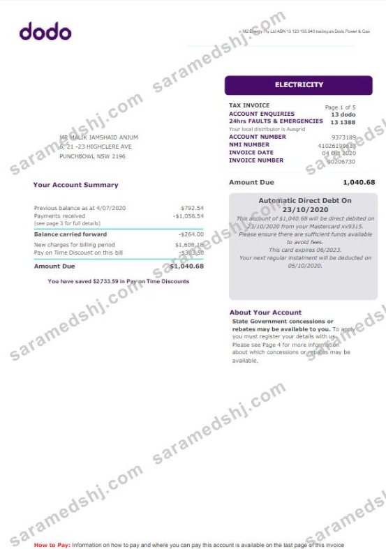 AUSTRALIA NEW SOUTH WALES DODO utility bill Word and PDF template